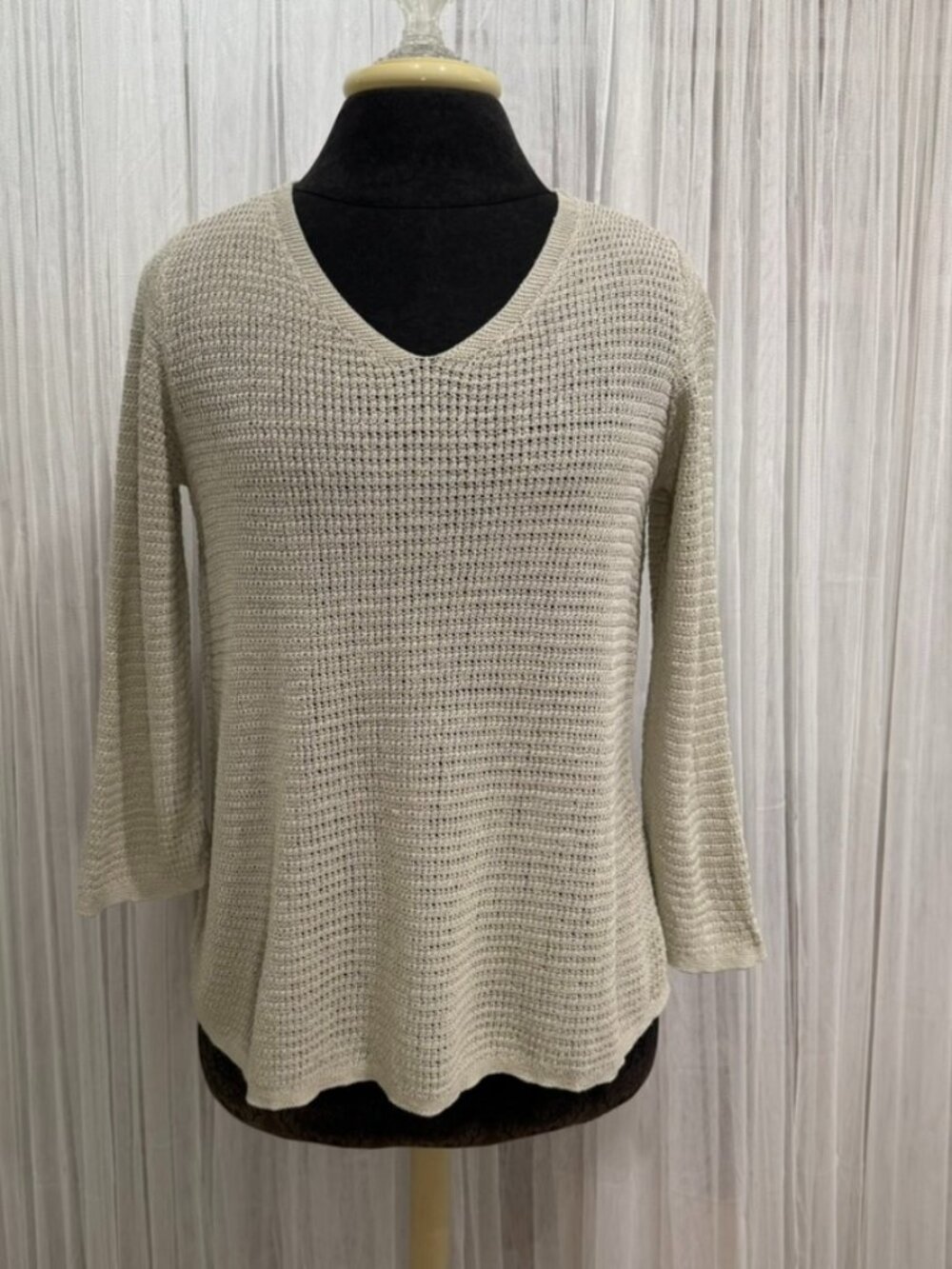 J. Jill Womens Petite Small Linen Blend Open Knit Sweater Beige 3/4 Sleeve